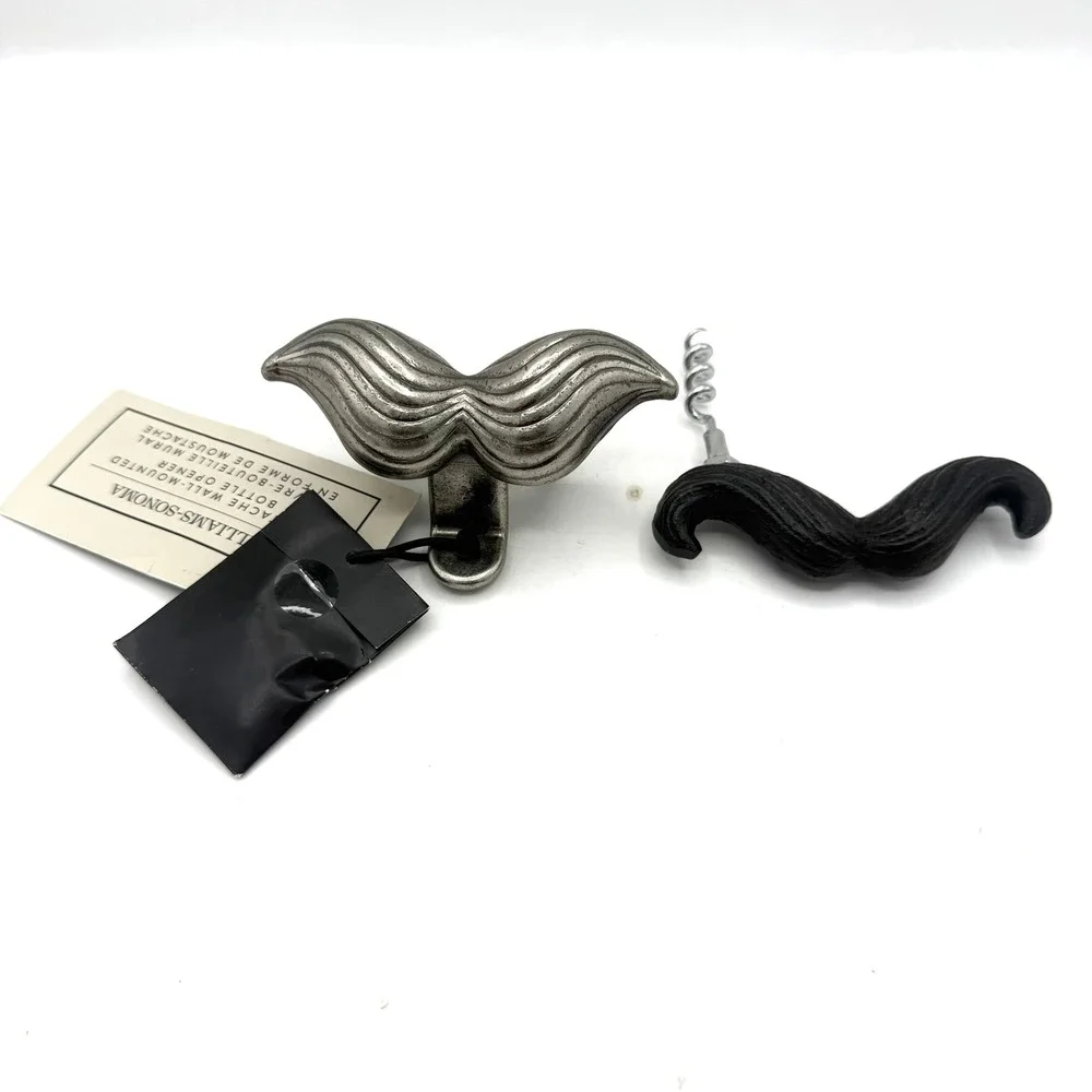 Williams Sonoma Mustache Bottle Opener & Corkscrew Set Silver Black NEW NWT